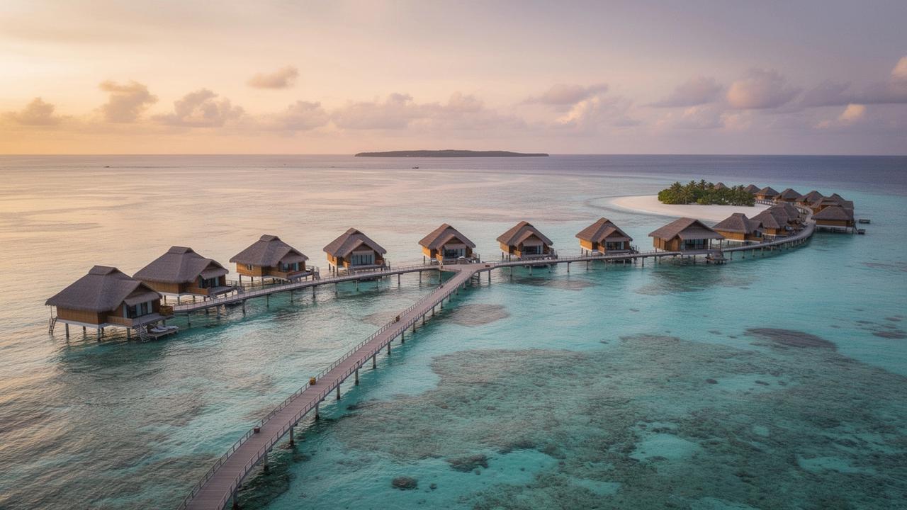 Overwater villas above a turquoise lagoon in the Maldives at sunrise