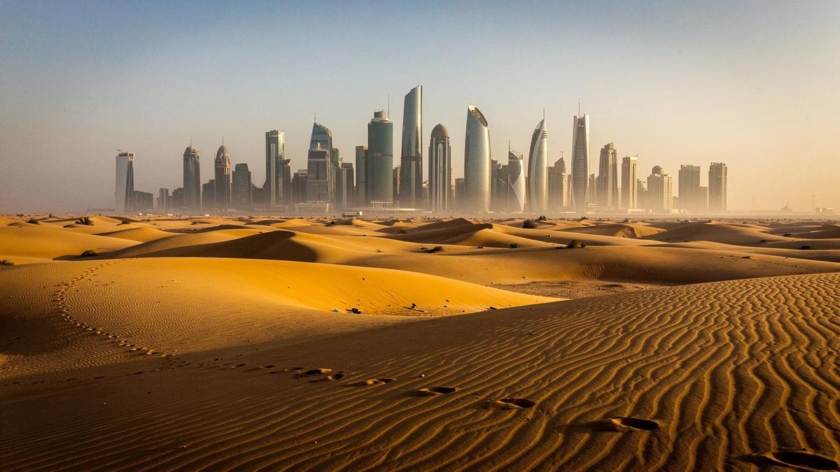 Sand dunes at sunset outside the Dubai skyline